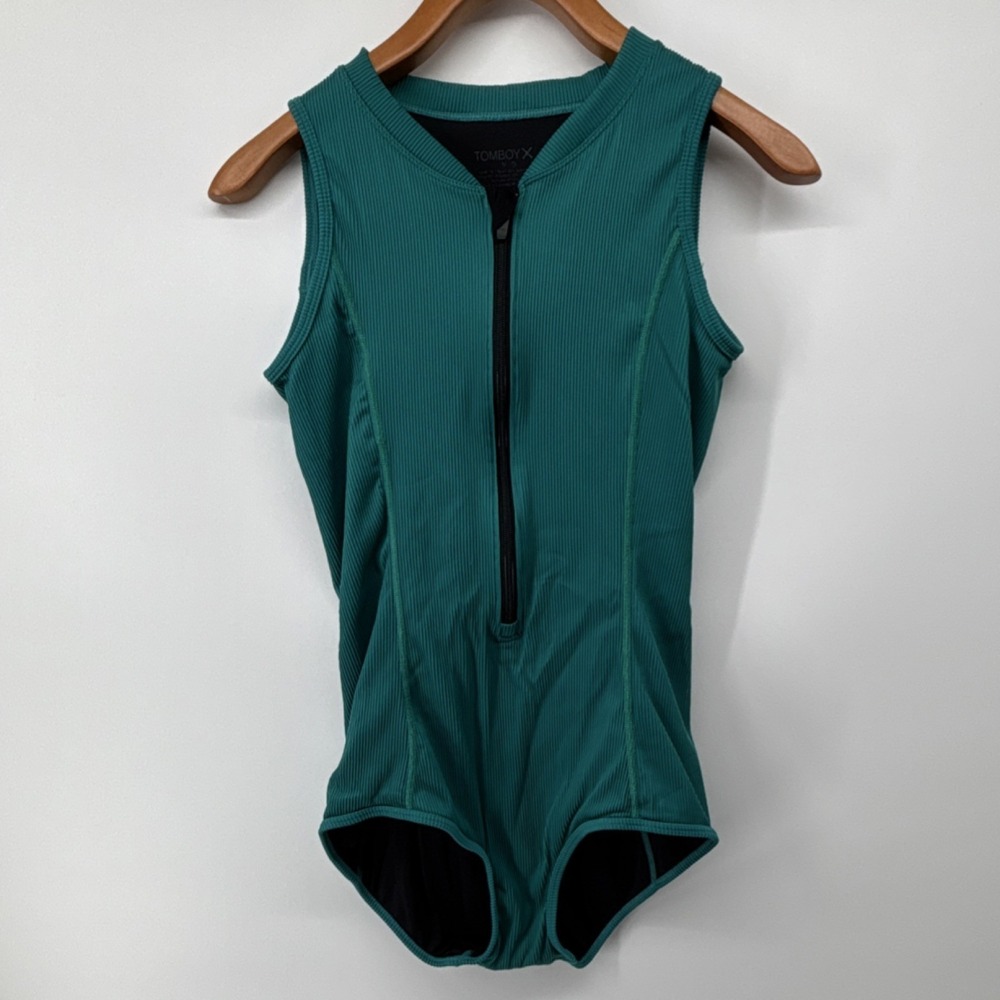 TomboyX Zip Front Gender Neutral Inclusive Bathing Suit Green One Piece RM141013
